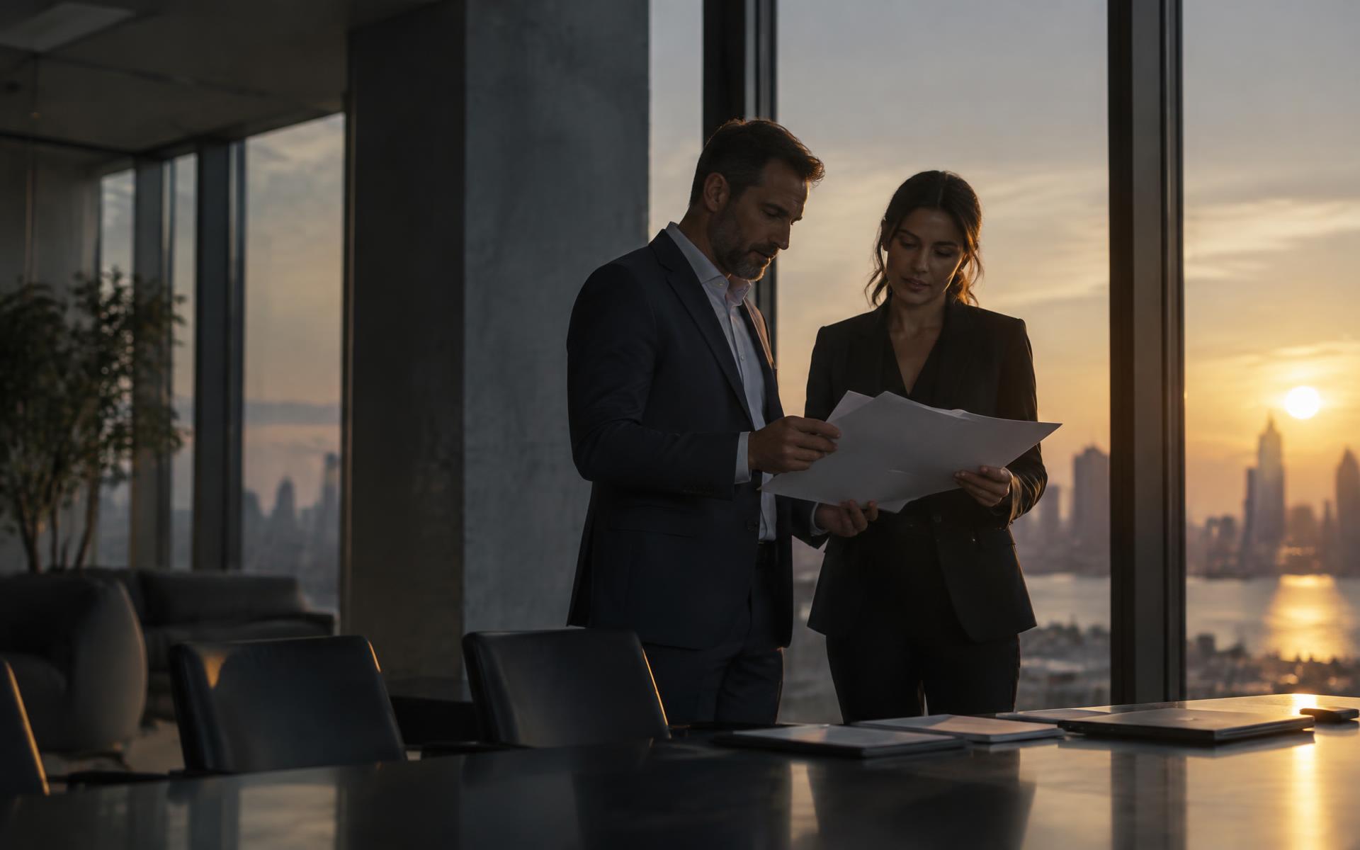 Two business leaders reviewing printed documents in a meeting room at dusk